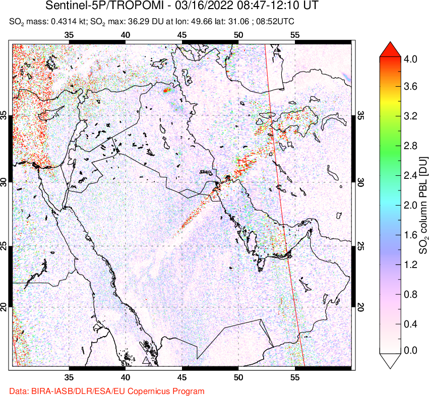 A sulfur dioxide image over Middle East on Mar 16, 2022.