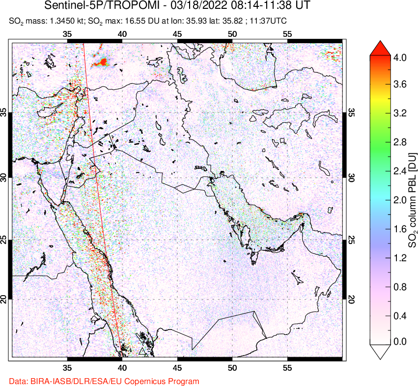 A sulfur dioxide image over Middle East on Mar 18, 2022.