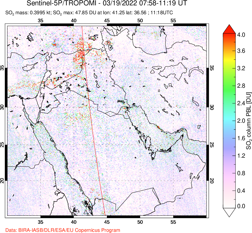 A sulfur dioxide image over Middle East on Mar 19, 2022.