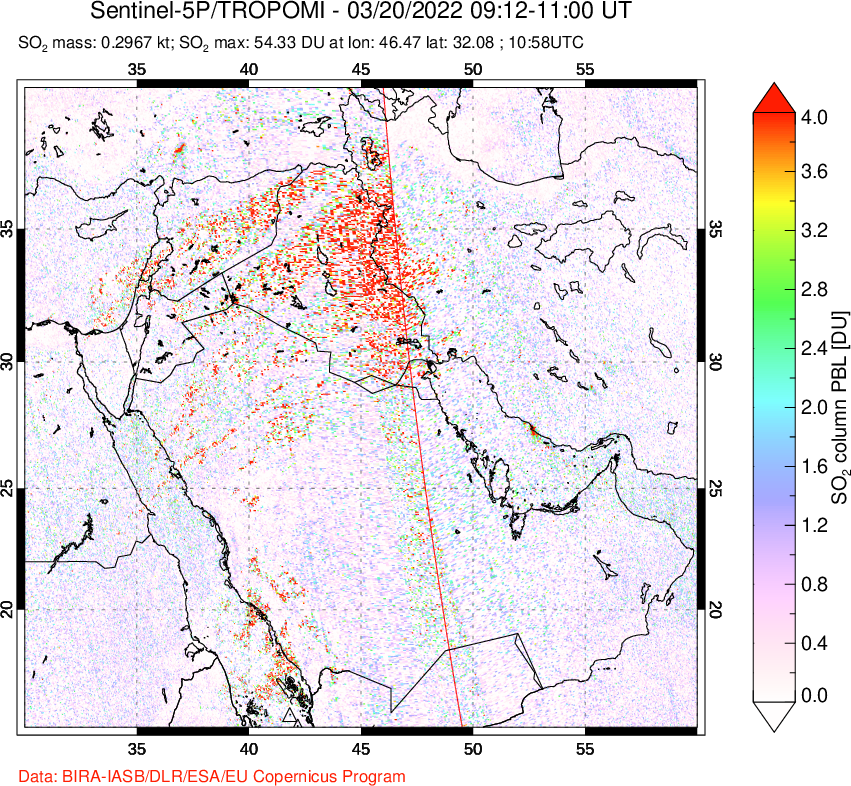 A sulfur dioxide image over Middle East on Mar 20, 2022.