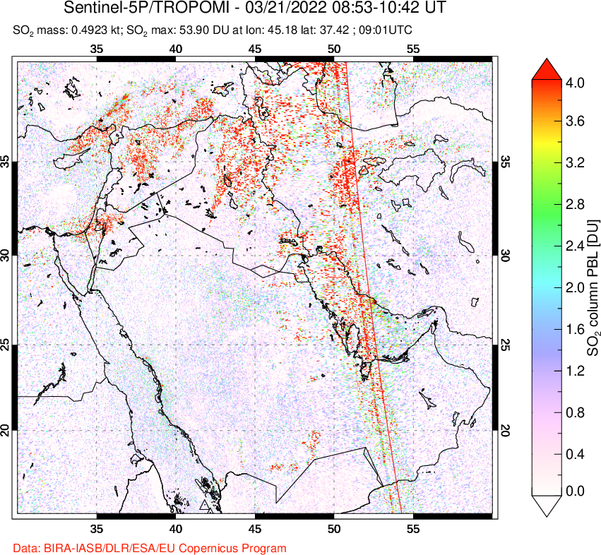 A sulfur dioxide image over Middle East on Mar 21, 2022.
