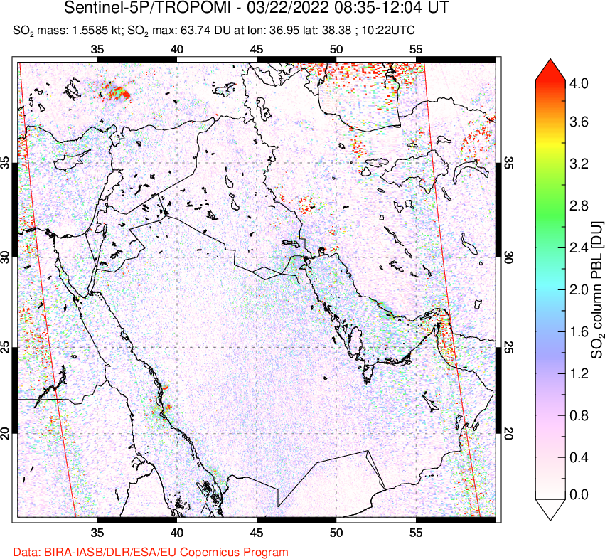 A sulfur dioxide image over Middle East on Mar 22, 2022.