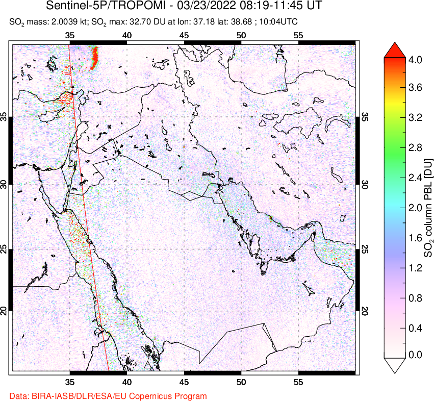 A sulfur dioxide image over Middle East on Mar 23, 2022.