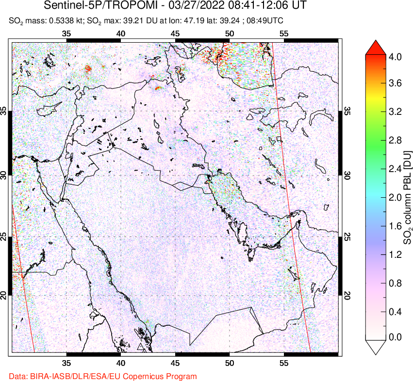 A sulfur dioxide image over Middle East on Mar 27, 2022.