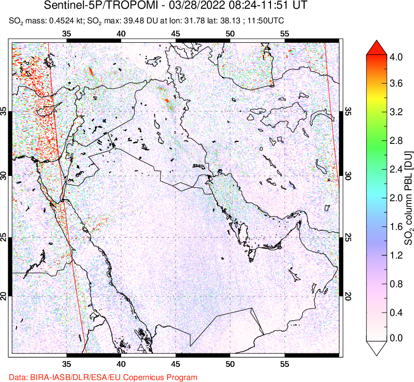 A sulfur dioxide image over Middle East on Mar 28, 2022.