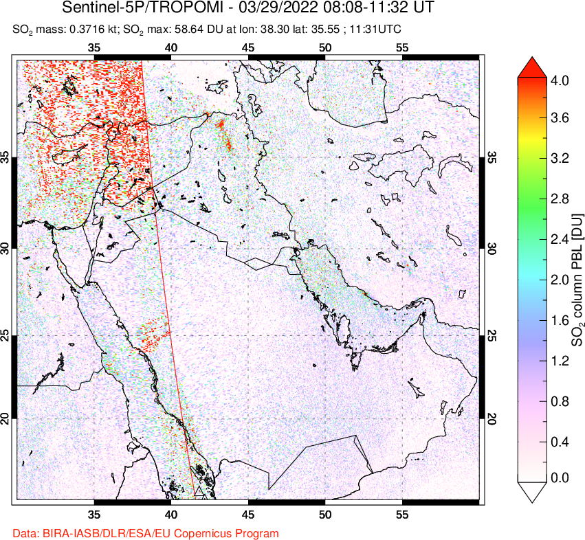 A sulfur dioxide image over Middle East on Mar 29, 2022.