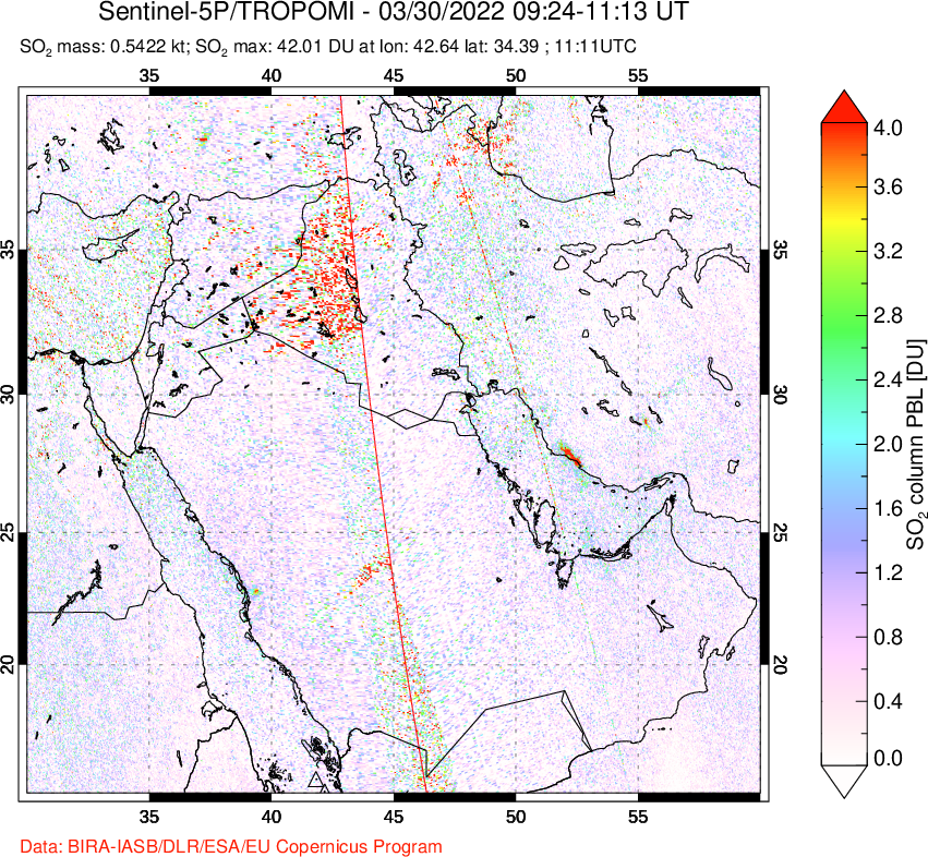 A sulfur dioxide image over Middle East on Mar 30, 2022.
