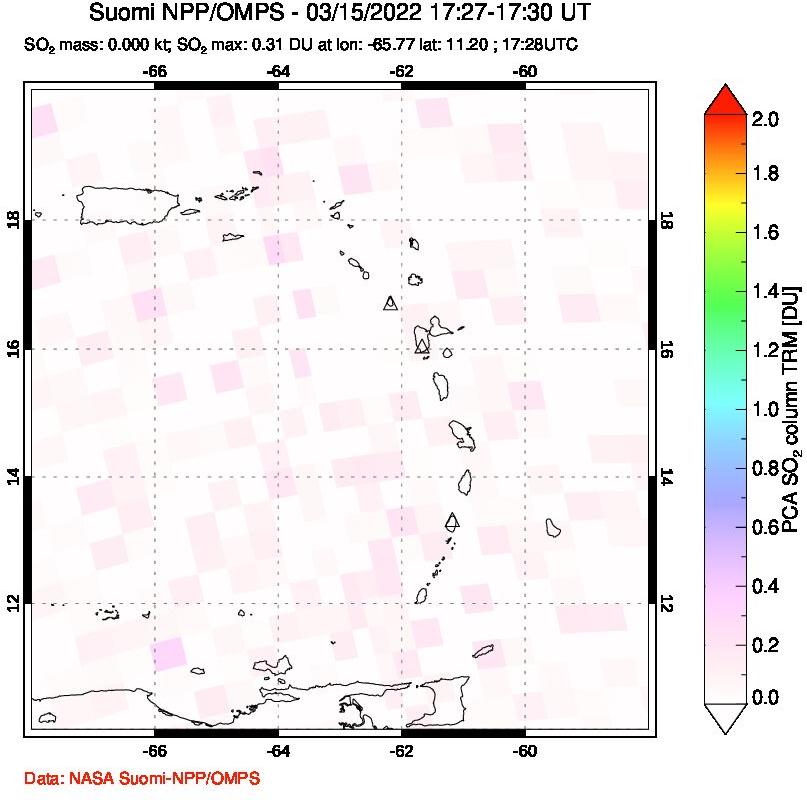 A sulfur dioxide image over Montserrat, West Indies on Mar 15, 2022.