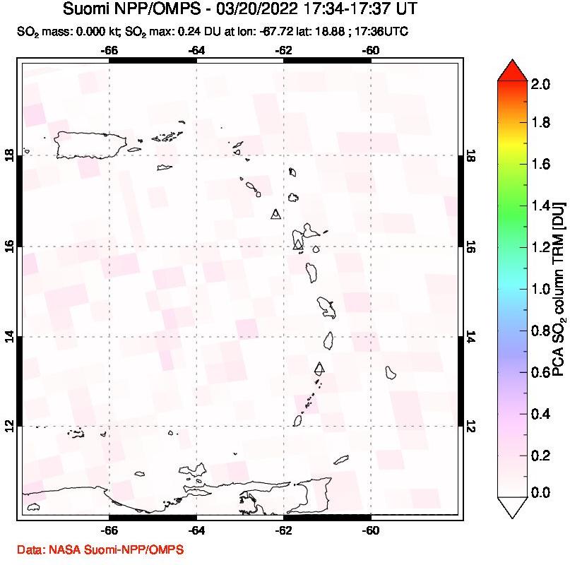 A sulfur dioxide image over Montserrat, West Indies on Mar 20, 2022.