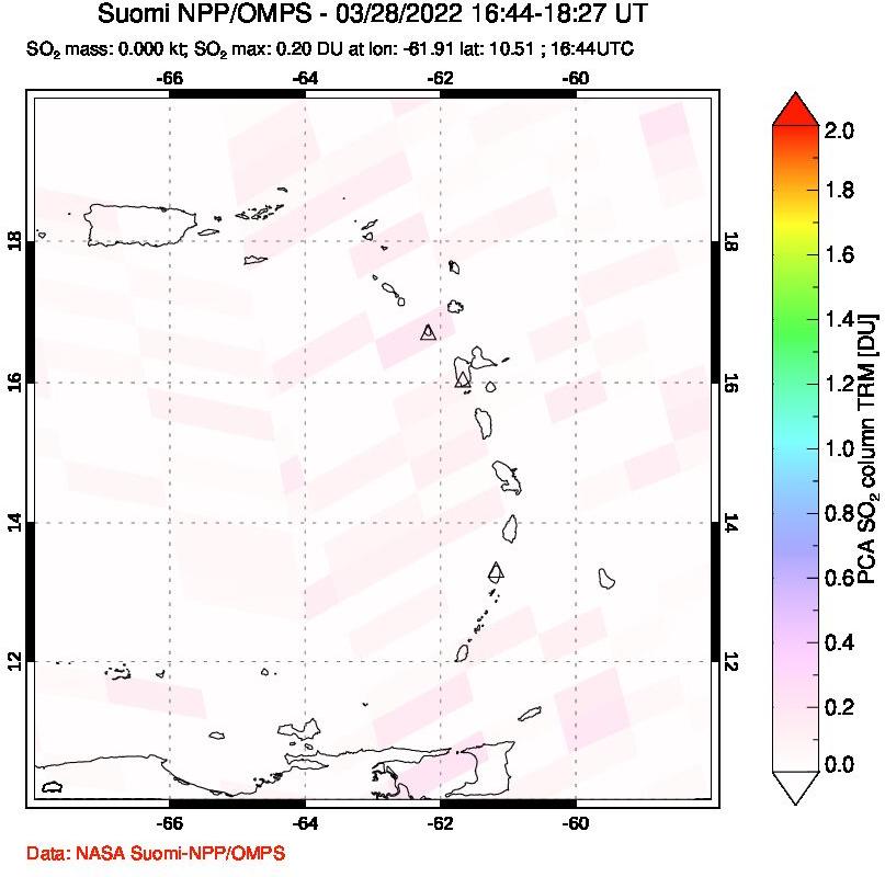 A sulfur dioxide image over Montserrat, West Indies on Mar 28, 2022.