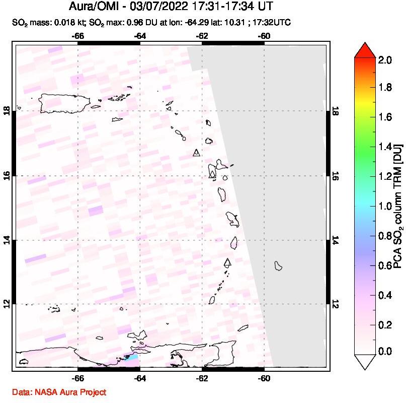 A sulfur dioxide image over Montserrat, West Indies on Mar 07, 2022.
