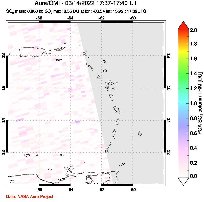 A sulfur dioxide image over Montserrat, West Indies on Mar 14, 2022.