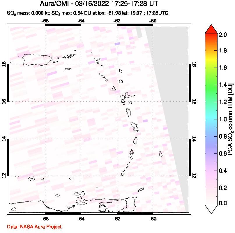 A sulfur dioxide image over Montserrat, West Indies on Mar 16, 2022.