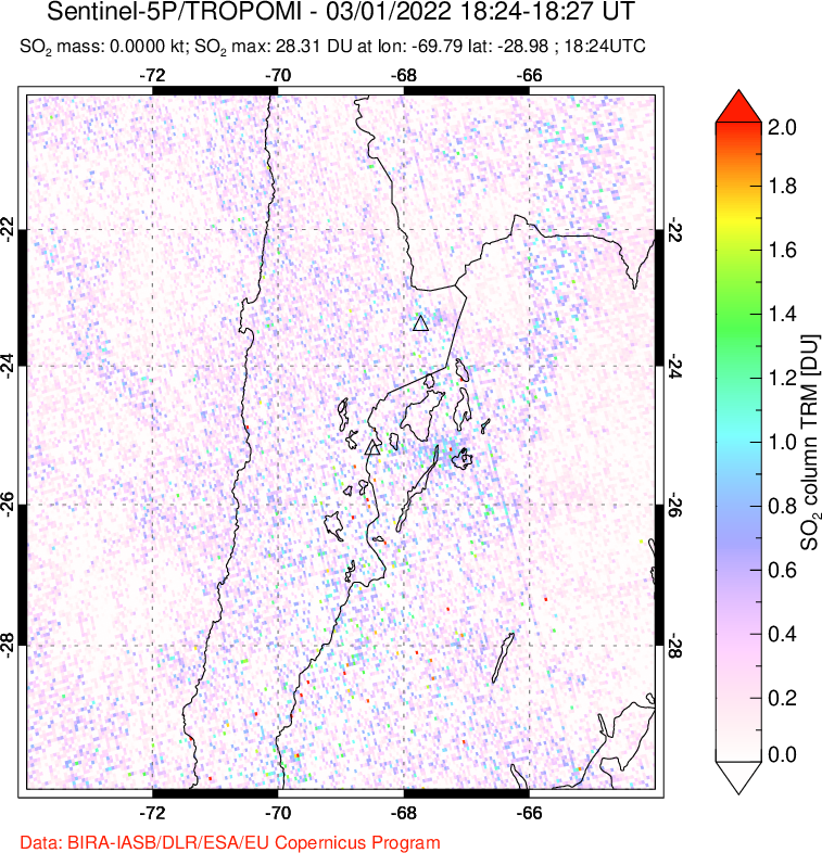 A sulfur dioxide image over Northern Chile on Mar 01, 2022.