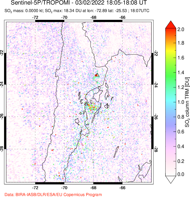 A sulfur dioxide image over Northern Chile on Mar 02, 2022.