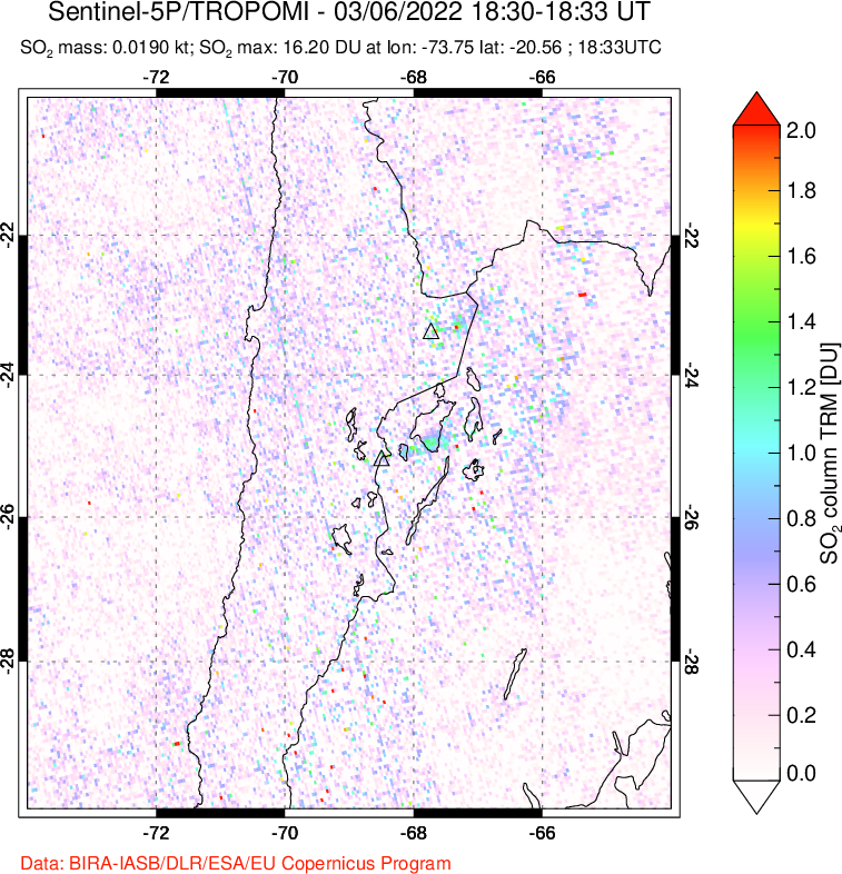 A sulfur dioxide image over Northern Chile on Mar 06, 2022.