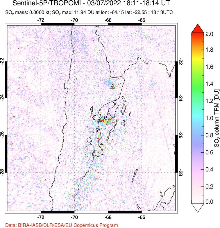 A sulfur dioxide image over Northern Chile on Mar 07, 2022.