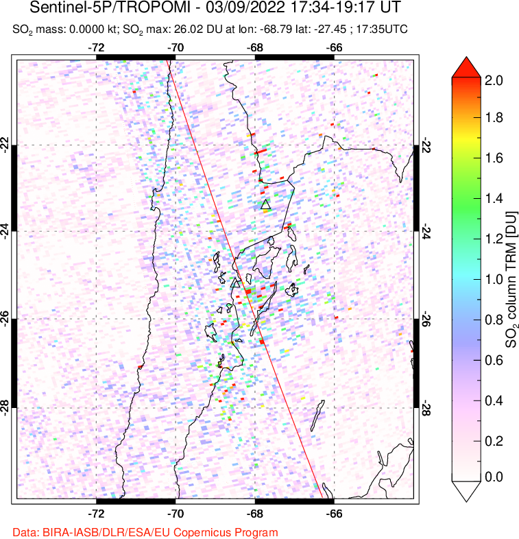 A sulfur dioxide image over Northern Chile on Mar 09, 2022.