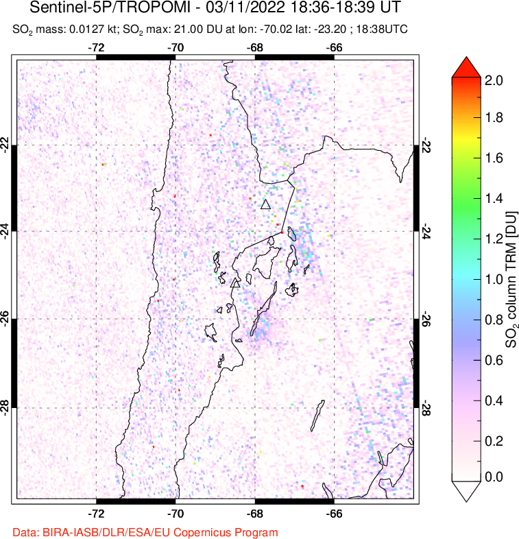 A sulfur dioxide image over Northern Chile on Mar 11, 2022.