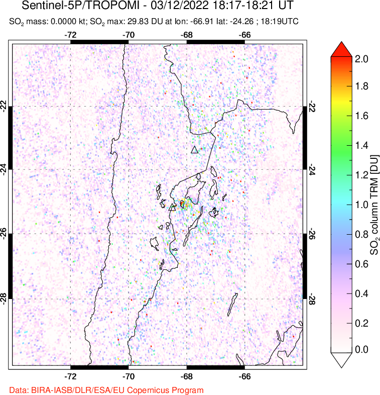 A sulfur dioxide image over Northern Chile on Mar 12, 2022.