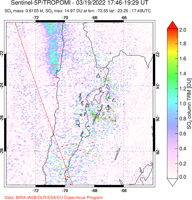 A sulfur dioxide image over Northern Chile on Mar 19, 2022.