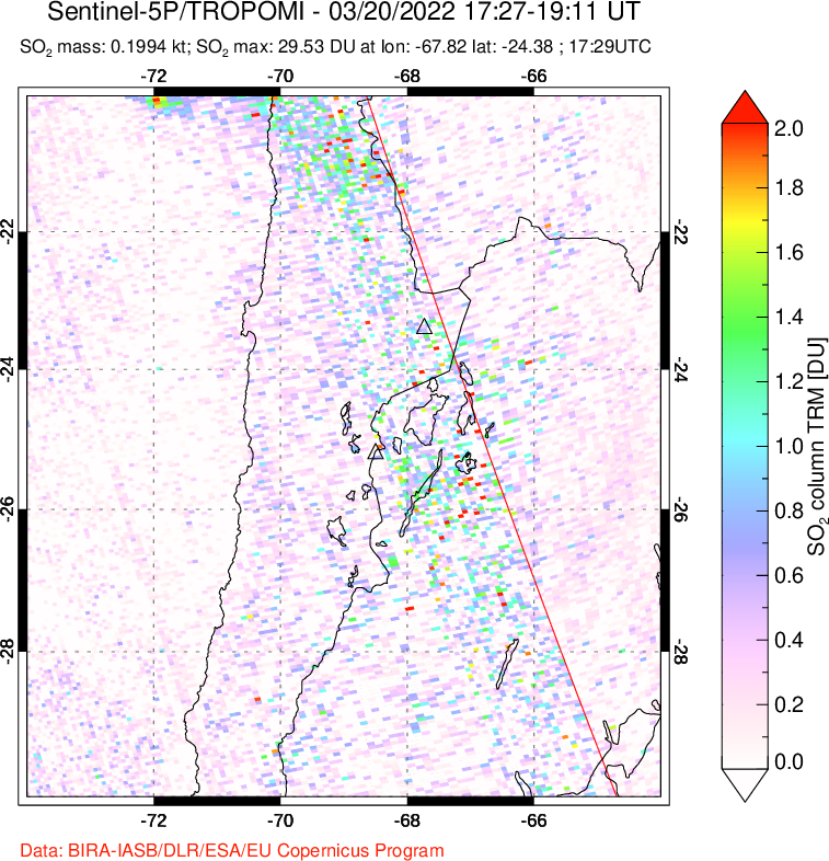 A sulfur dioxide image over Northern Chile on Mar 20, 2022.