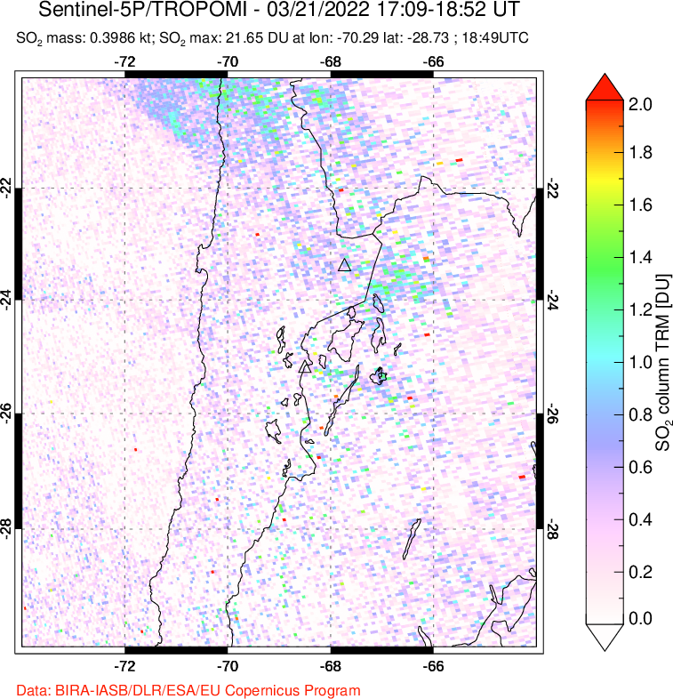 A sulfur dioxide image over Northern Chile on Mar 21, 2022.