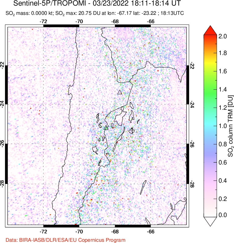 A sulfur dioxide image over Northern Chile on Mar 23, 2022.