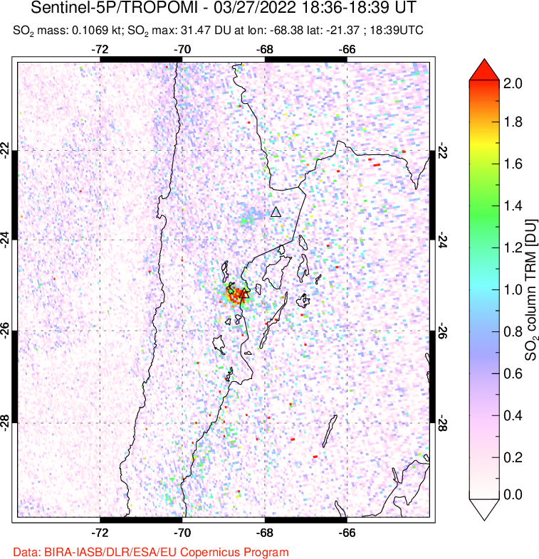 A sulfur dioxide image over Northern Chile on Mar 27, 2022.