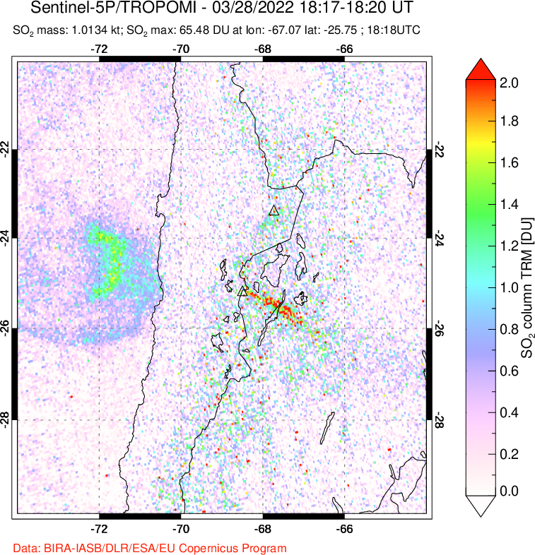 A sulfur dioxide image over Northern Chile on Mar 28, 2022.