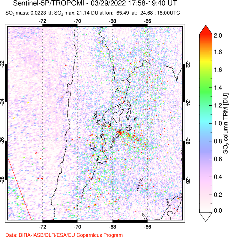 A sulfur dioxide image over Northern Chile on Mar 29, 2022.