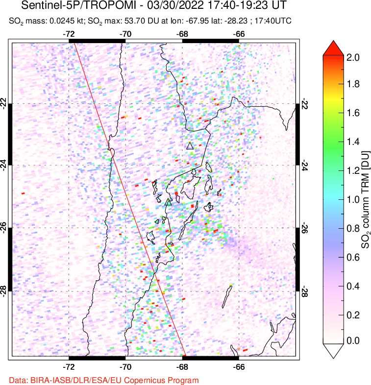 A sulfur dioxide image over Northern Chile on Mar 30, 2022.