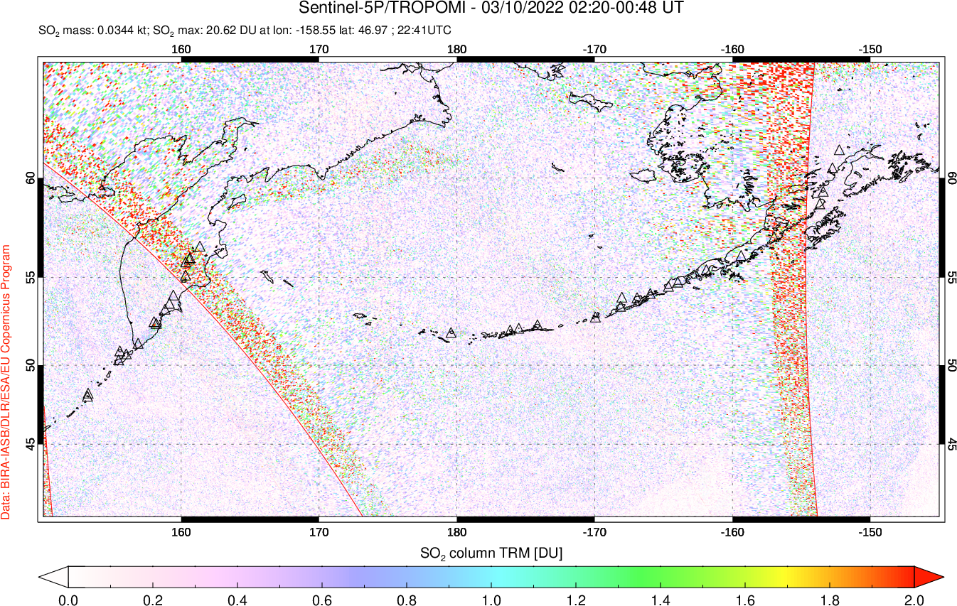 A sulfur dioxide image over North Pacific on Mar 10, 2022.