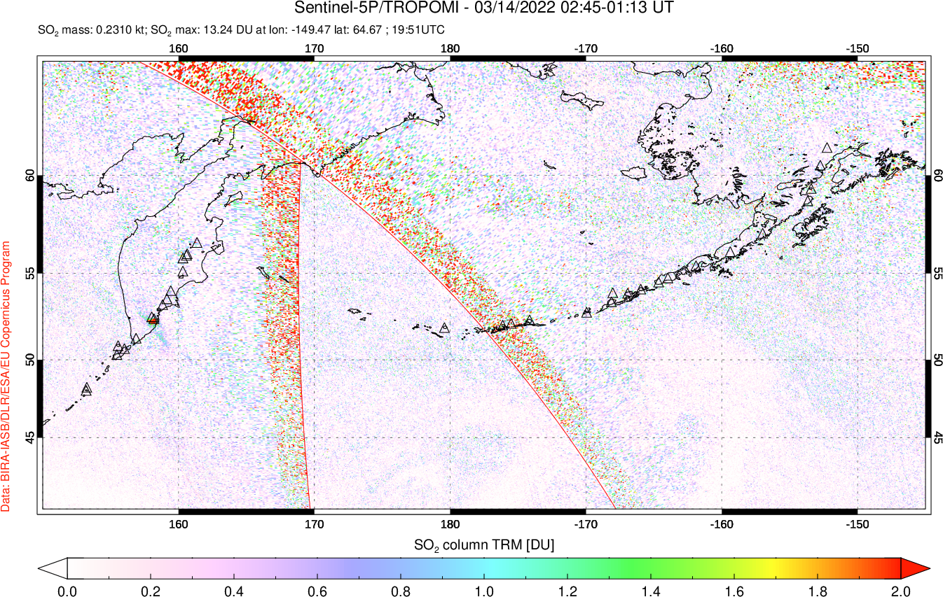 A sulfur dioxide image over North Pacific on Mar 14, 2022.