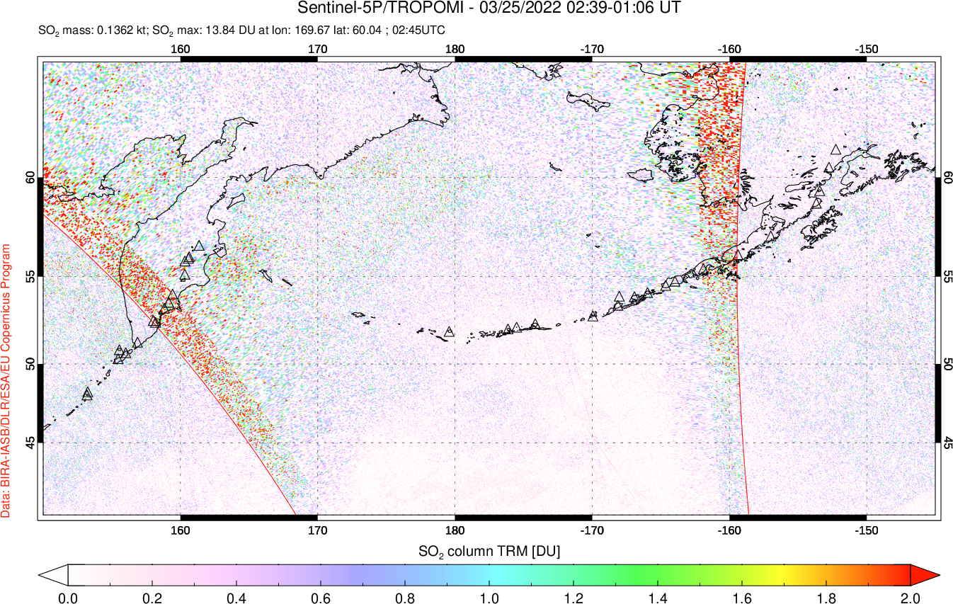 A sulfur dioxide image over North Pacific on Mar 25, 2022.
