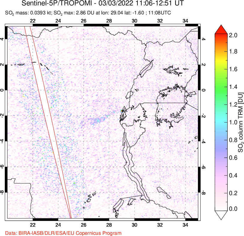 A sulfur dioxide image over Nyiragongo, DR Congo on Mar 03, 2022.