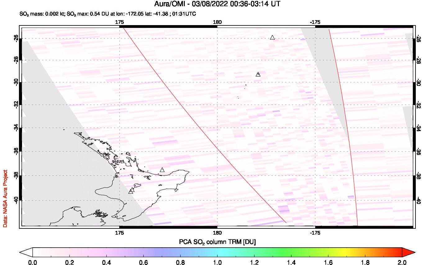 A sulfur dioxide image over New Zealand on Mar 08, 2022.