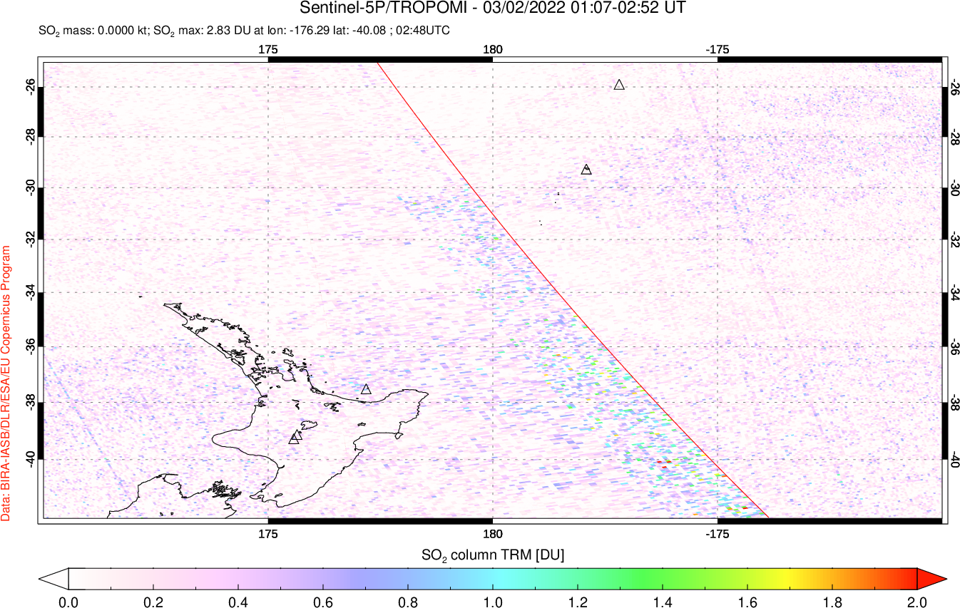 A sulfur dioxide image over New Zealand on Mar 02, 2022.