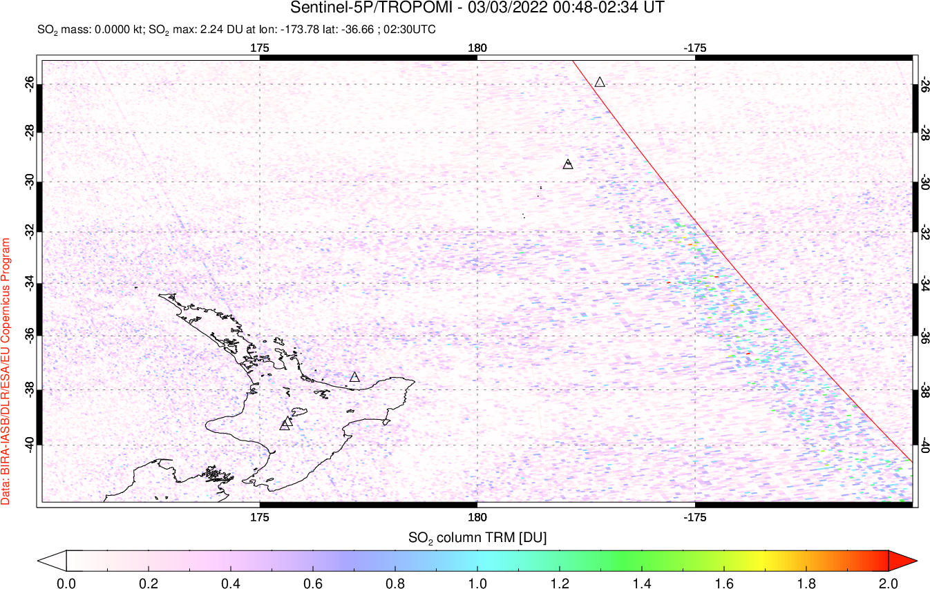 A sulfur dioxide image over New Zealand on Mar 03, 2022.
