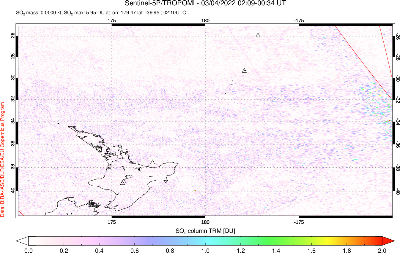 A sulfur dioxide image over New Zealand on Mar 04, 2022.