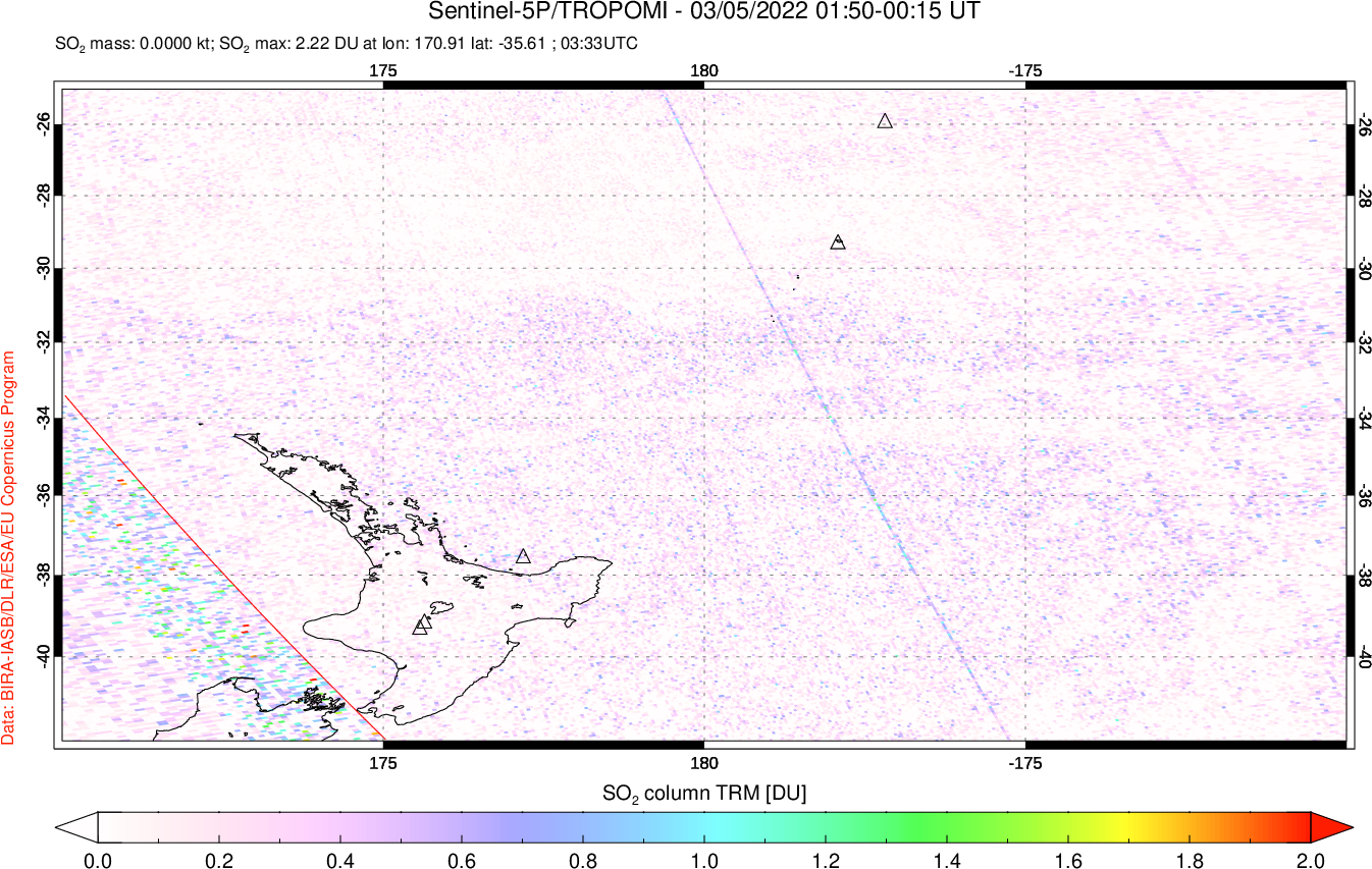 A sulfur dioxide image over New Zealand on Mar 05, 2022.