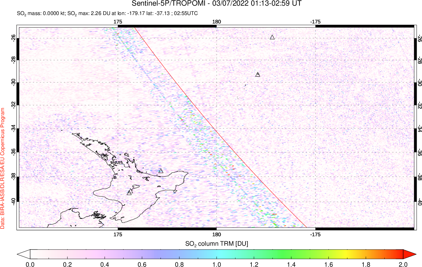 A sulfur dioxide image over New Zealand on Mar 07, 2022.