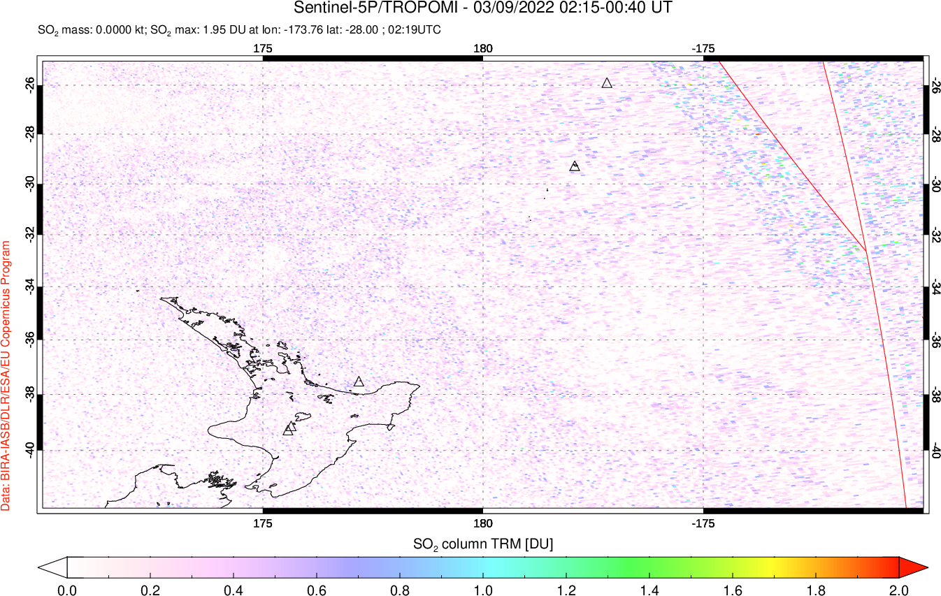 A sulfur dioxide image over New Zealand on Mar 09, 2022.