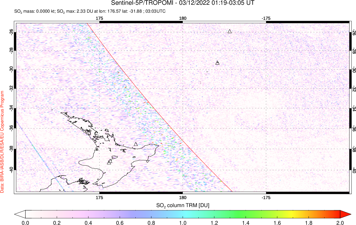 A sulfur dioxide image over New Zealand on Mar 12, 2022.