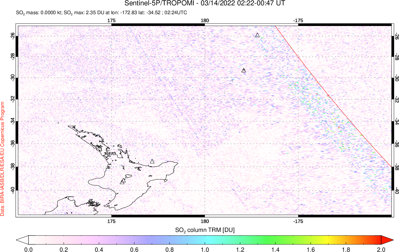 A sulfur dioxide image over New Zealand on Mar 14, 2022.