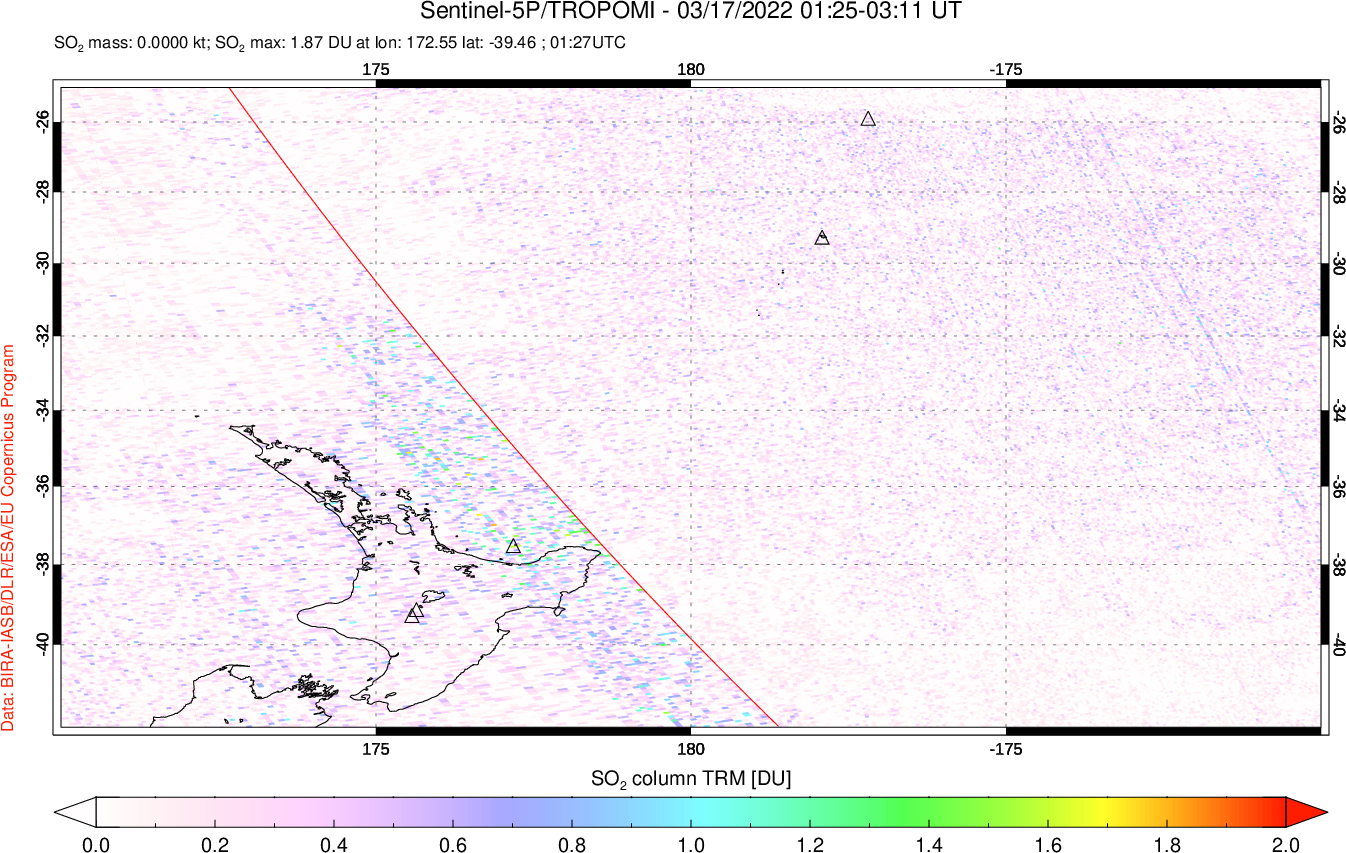 A sulfur dioxide image over New Zealand on Mar 17, 2022.