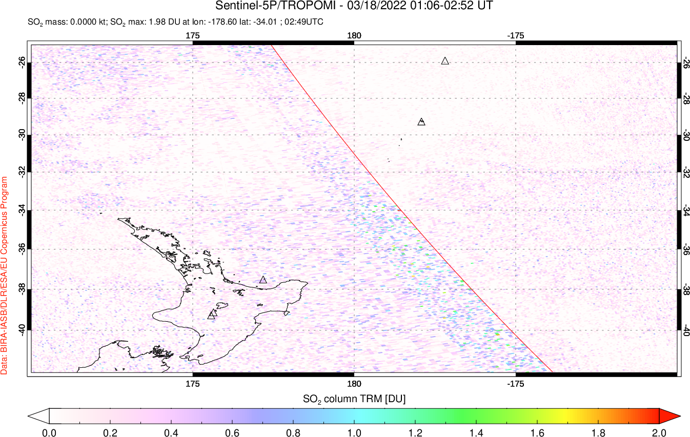 A sulfur dioxide image over New Zealand on Mar 18, 2022.