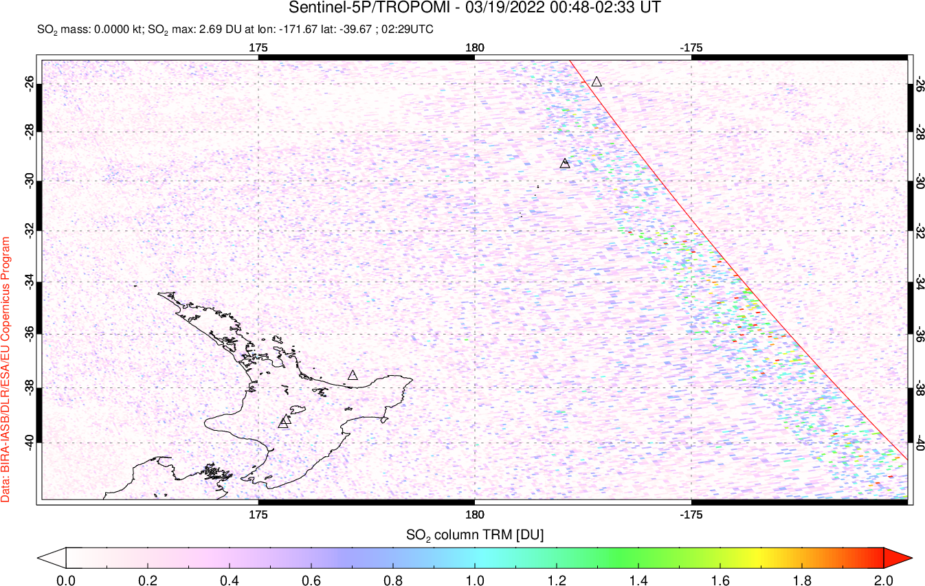 A sulfur dioxide image over New Zealand on Mar 19, 2022.