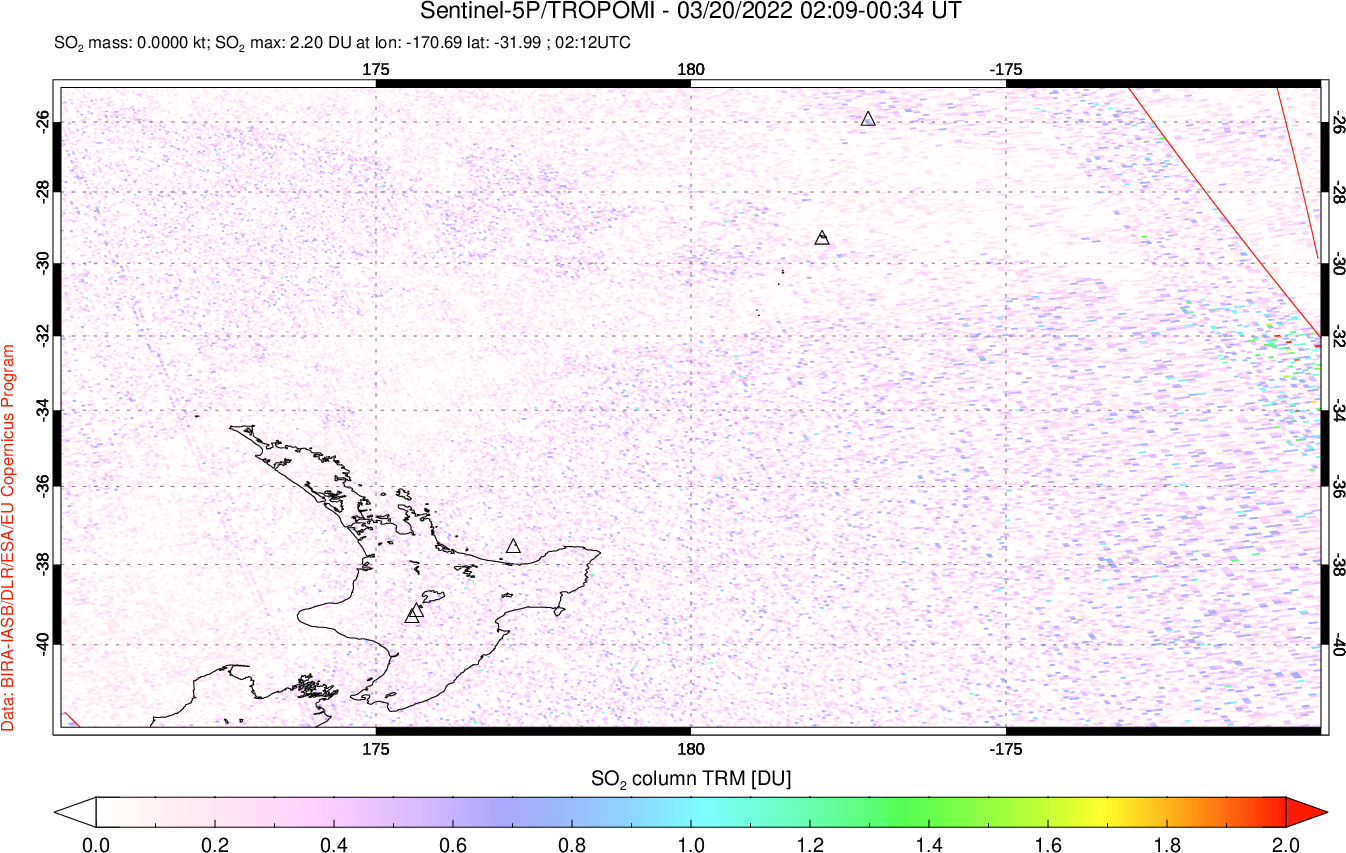 A sulfur dioxide image over New Zealand on Mar 20, 2022.