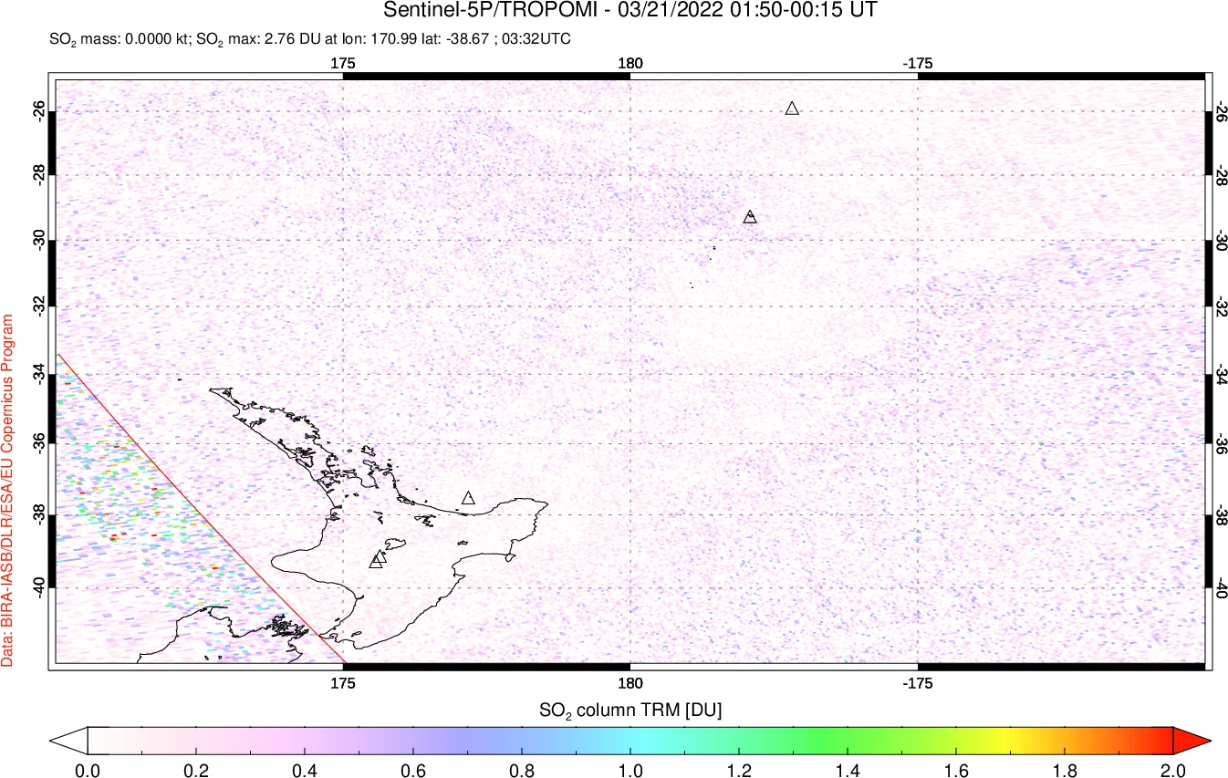 A sulfur dioxide image over New Zealand on Mar 21, 2022.
